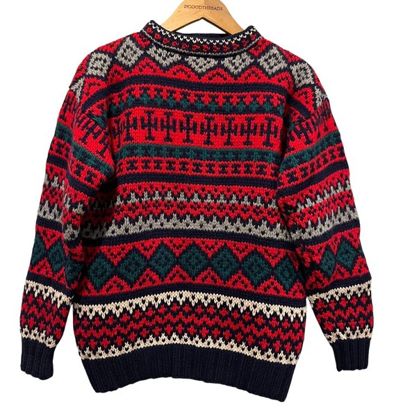 GAP 80s Wool Hand Knit Fair Isle Pattern Ski Sweater, Navy, Red, Green, M - Picture 1 of 7